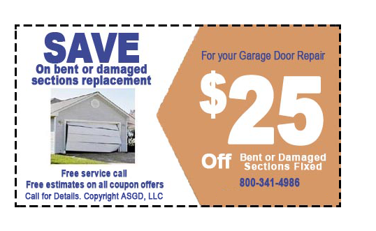 For your discount on  garage door section replacement, show coupon on your smartphone to the technician when the job is complete. Pay in person by Visa, MasterCard or check. 